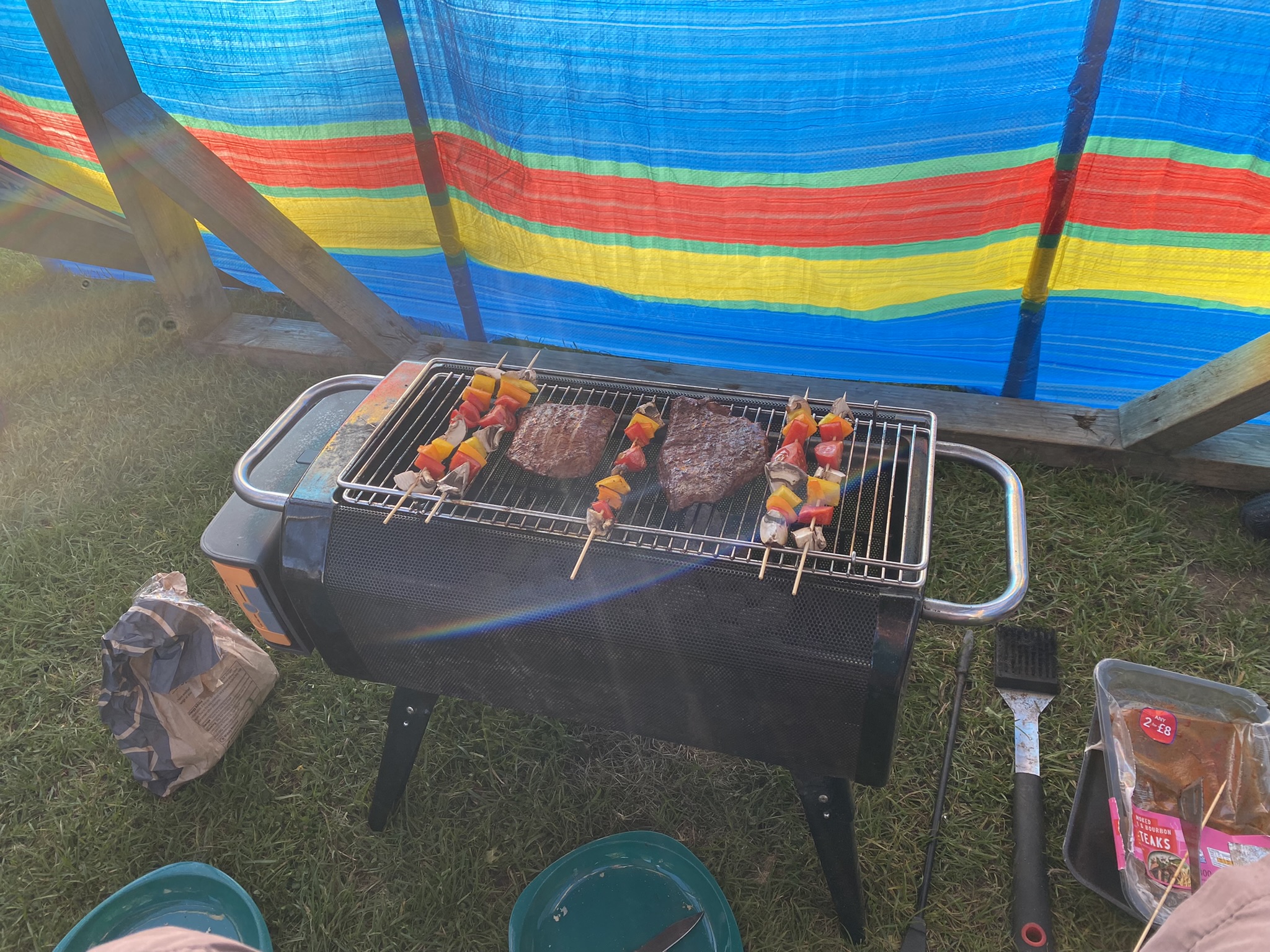 BBQ in fire pit with vegetable skewers and steaks